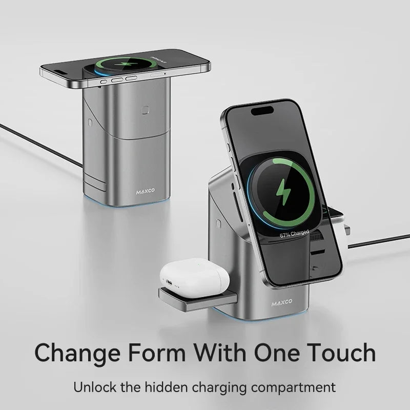 Qi2 Touch-Control 3-in-1 Magnetic Charger – Auto-Rotation & 15W Fast Wireless Charging for iPhone, Apple Watch & AirPods