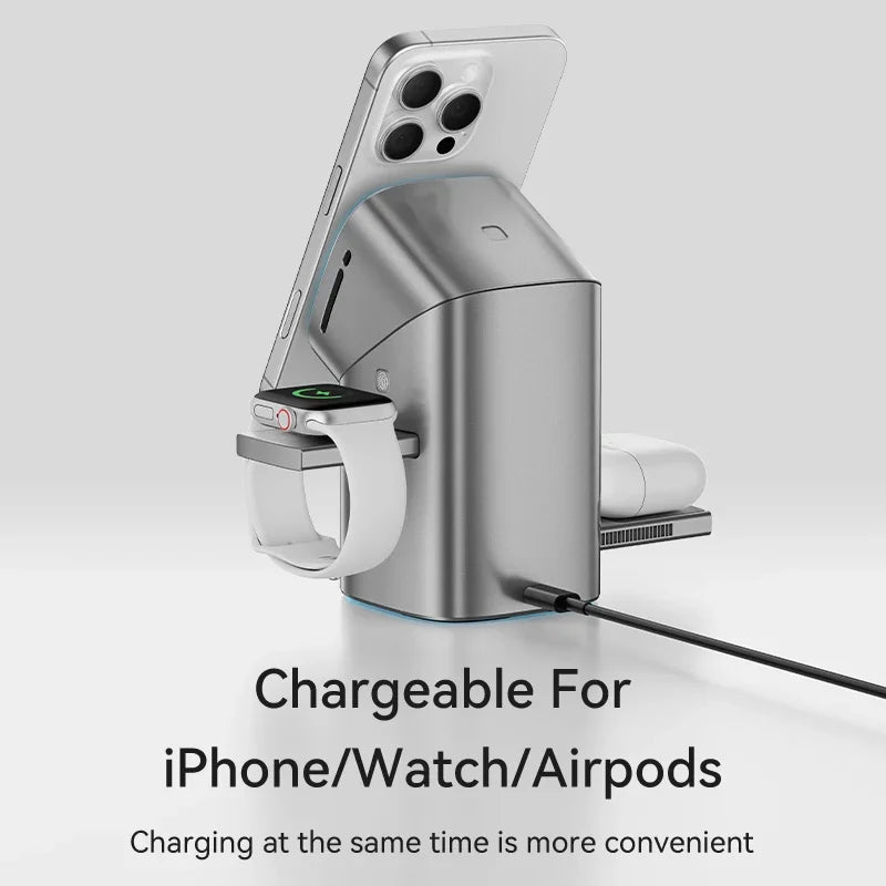 Qi2 Touch-Control 3-in-1 Magnetic Charger – Auto-Rotation & 15W Fast Wireless Charging for iPhone, Apple Watch & AirPods
