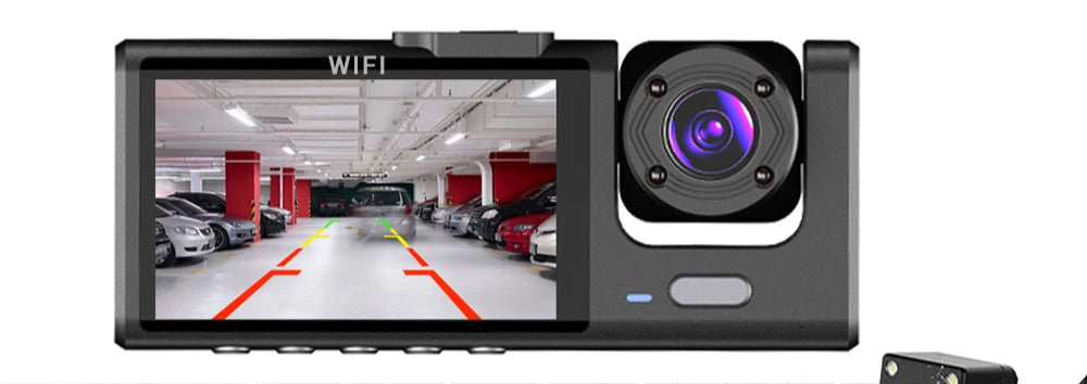 Car parking assist system with camera and display showing a car backing up.