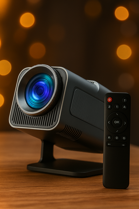 Portable projector with a remote control on a wooden surface with blurred lights in the background