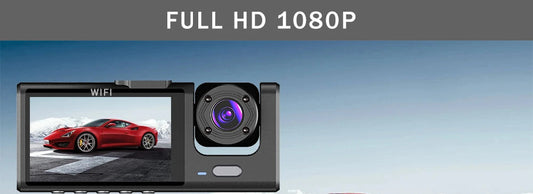 Car camera system with a screen displaying a red car, set against a scenic background.